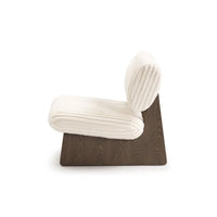 Modern chair with white cushioned seat and backrest on a wooden base against a white background