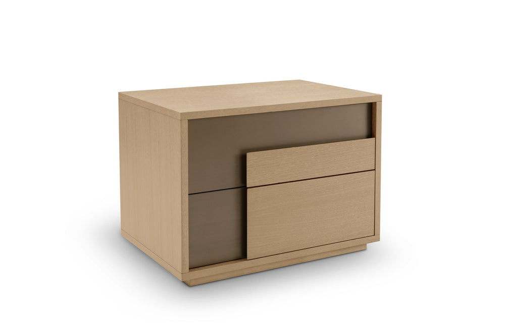 Beige nightstand with two drawers on a white background