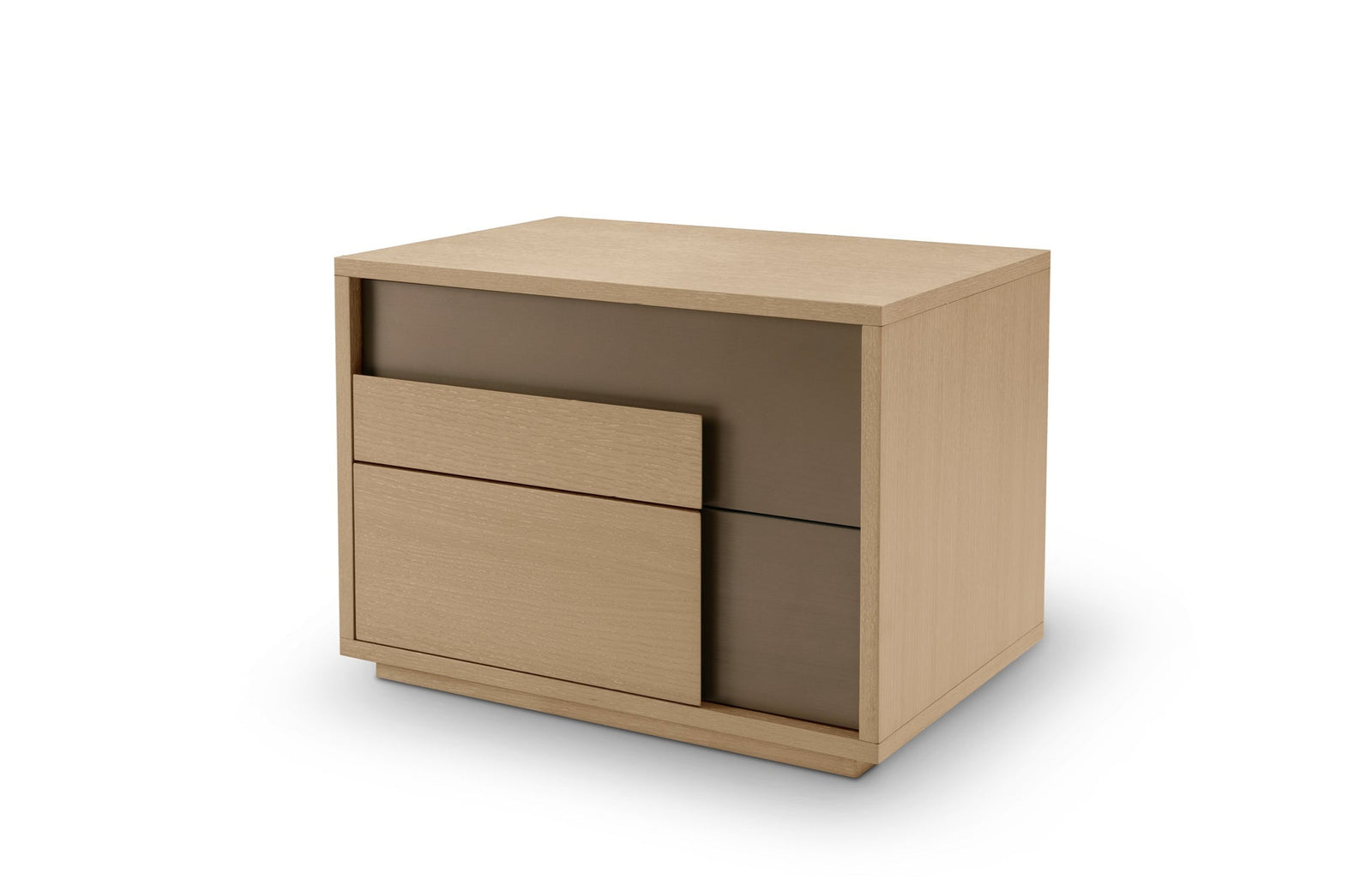 Beige nightstand with two drawers on a white background