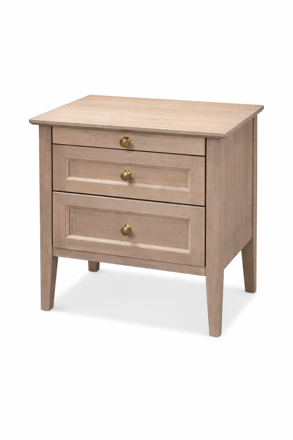 Wooden nightstand with two drawers on a white background