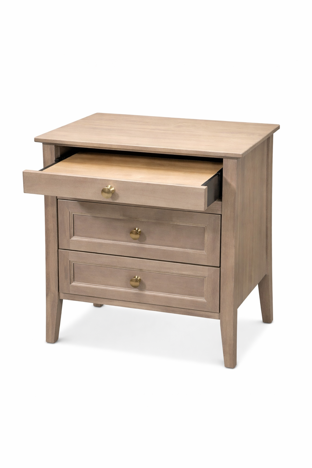 Wooden nightstand with two drawers on a white background