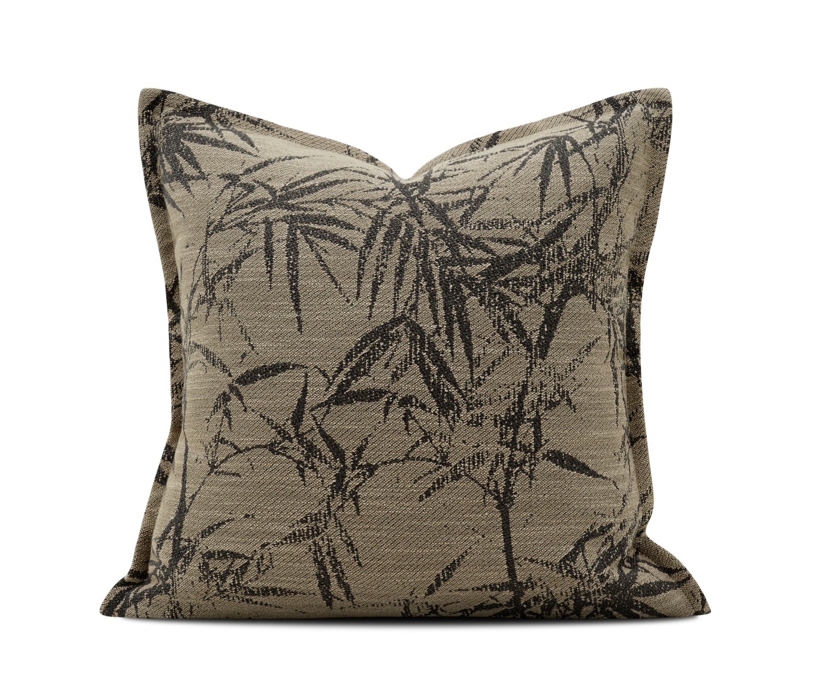 A square decorative throw pillow with a woven bamboo leaf pattern in dark gray on a beige background, shown against a plain white background 