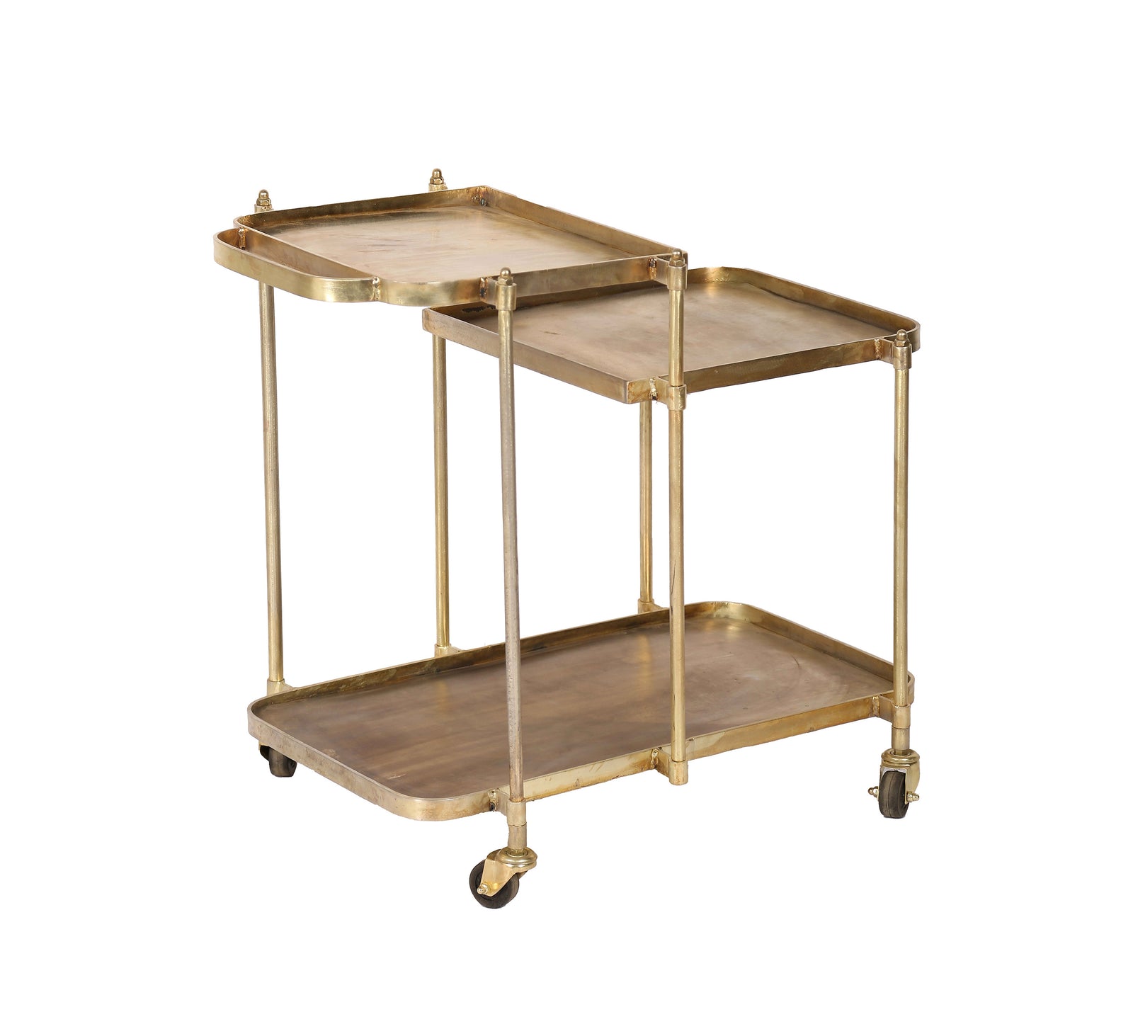 Set of three brass nesting tables on a white background