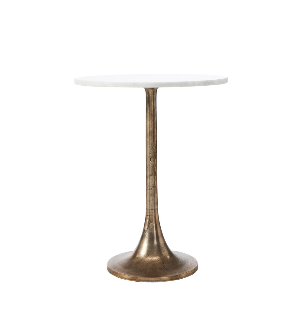 Table with a white marble top and bronze base on a white background