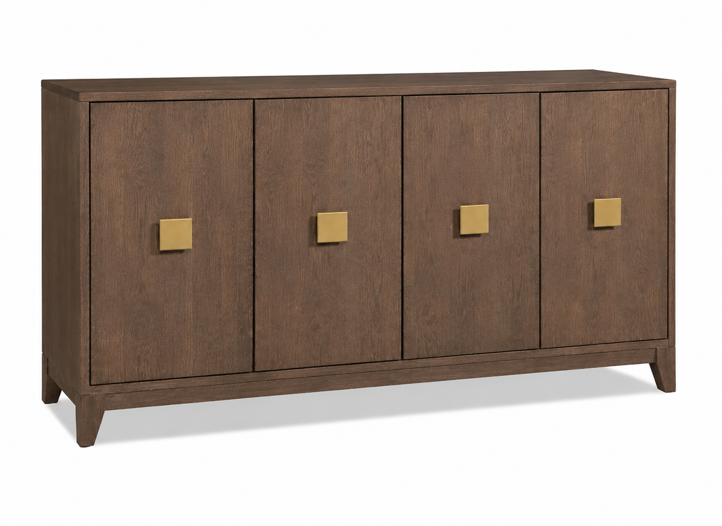 Wooden sideboard with four doors and gold handles on a white background