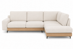 Beige sectional sofa with wooden armrests on a white background