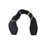 A black and gold statue decor object with a textured surface and a broken gold statue piece attached to the main body.