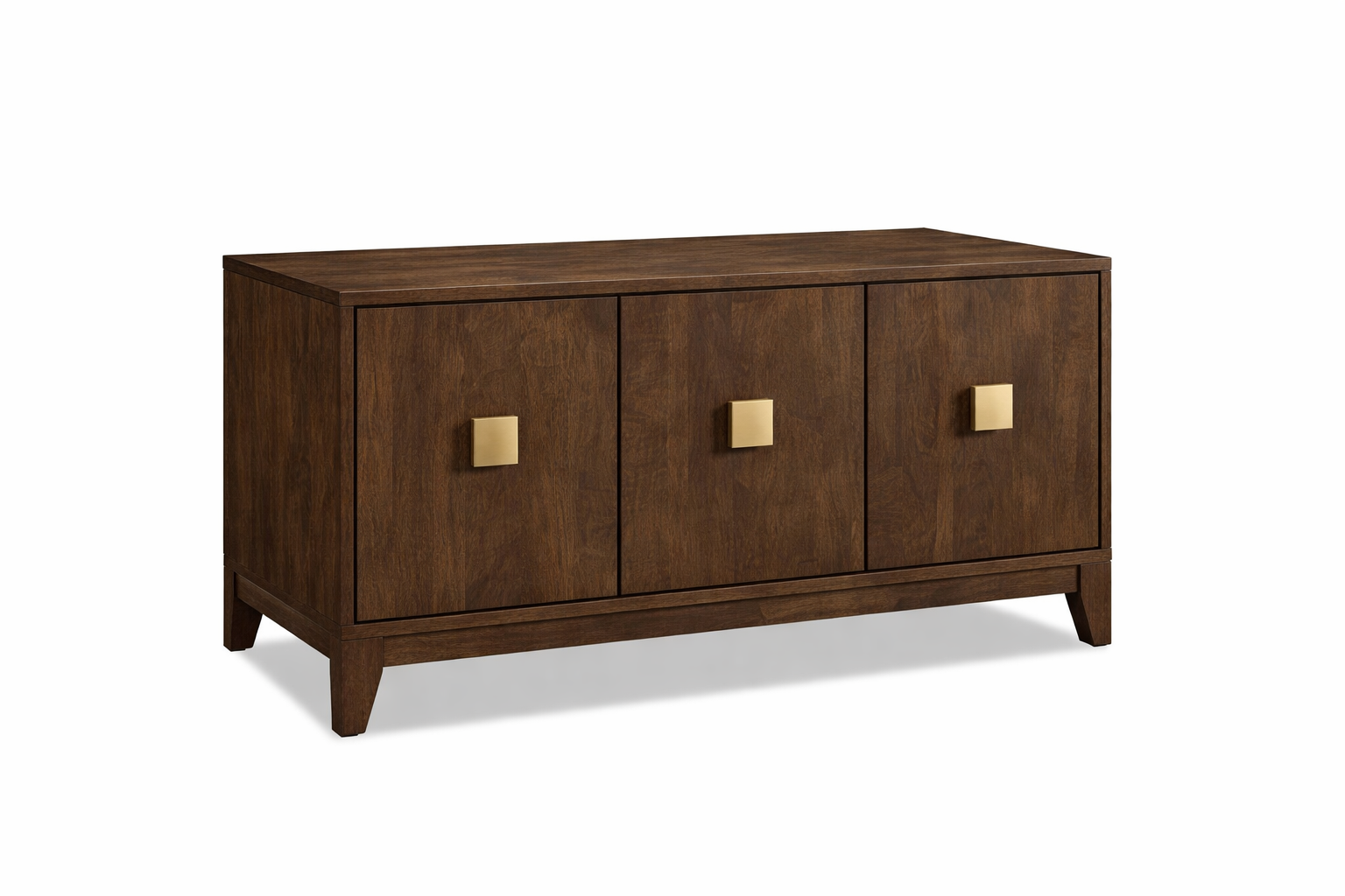 Wooden sideboard with three doors and gold handles on a white background