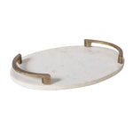 A round white marble tray with a brass handle.