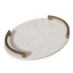 Marble tray with gold metal handles on a white background