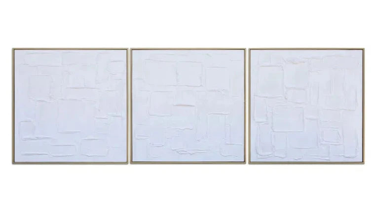 Three framed artworks with a brick pattern on a white background