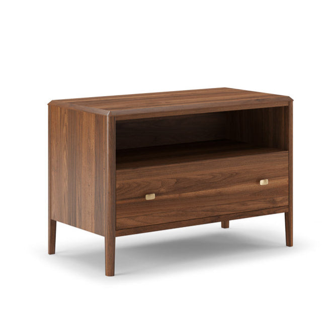 A brown king-size nightstand with one drawer and a mobile phone charger on top.