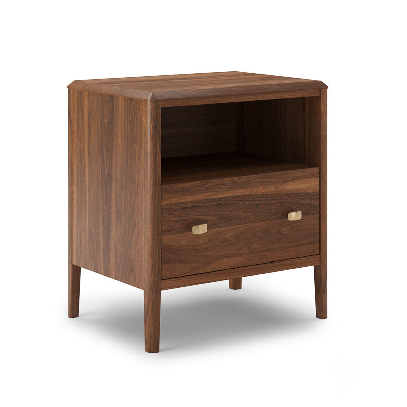 A brown wooden nightstand with a drawer and open shelf, featuring a wireless mobile phone charger on top and USB outlets.
