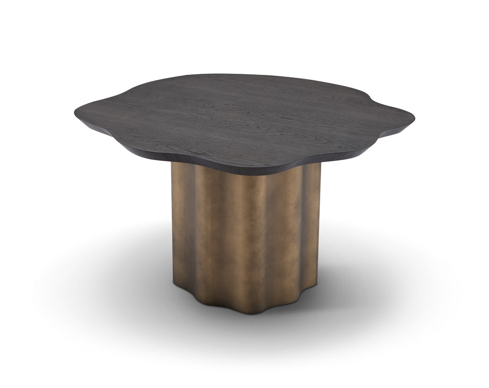 Modern side table with dark wooden top and bronze metal base on a white background