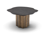 Modern side table with dark wooden top and bronze metal base on a white background