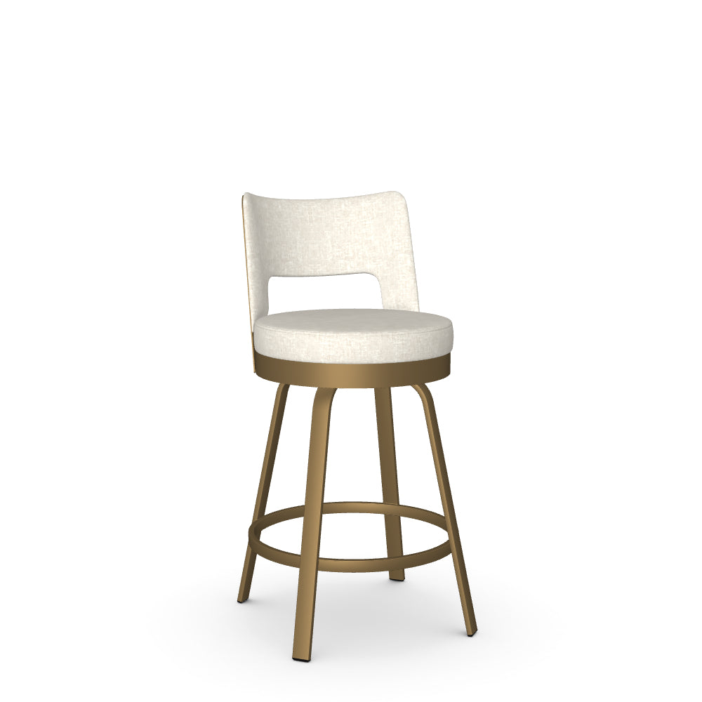 A white upholstered counter stool with a gold-colored metal frame and seat height.