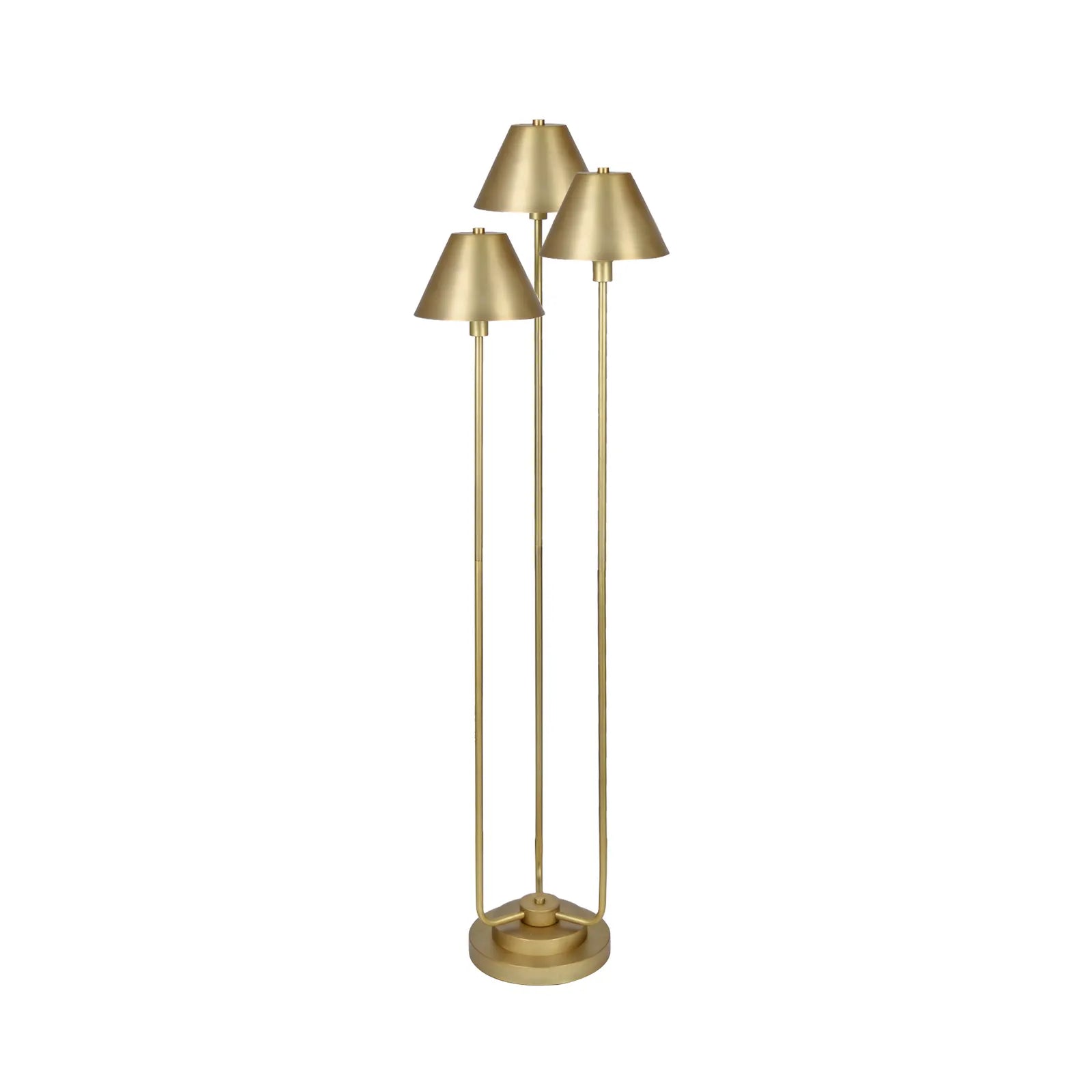 A modern three-light floor lamp in a brushed brass or gold finish, featuring three slim stems, conical shades, and a circular base against a plain white background.