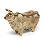 A decorative brass bull figurine with a rustic-gold polish finish.