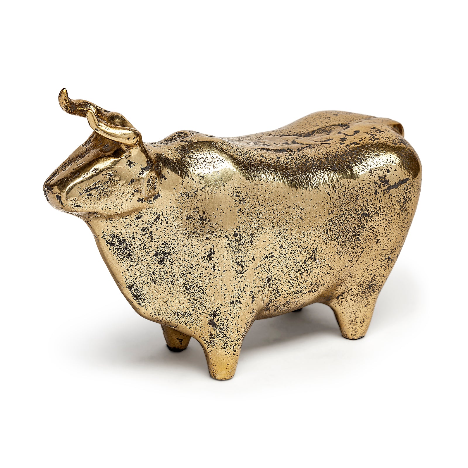 A decorative brass bull figurine with a rustic-gold polish finish.