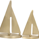 Gold plated brass sailboat decorative object with a sleek finish, depicting a two-masted sailboat in a three-quarter view.