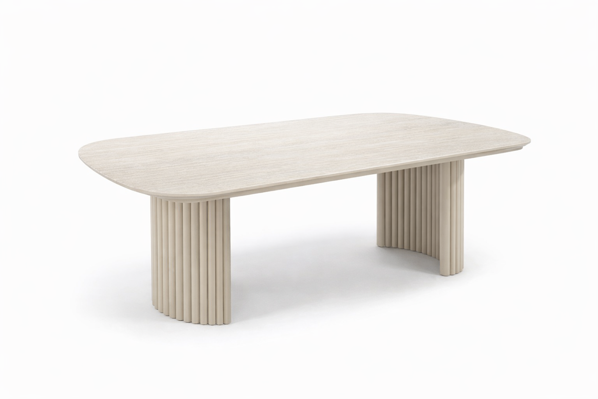 Beige coffee table with a modern design on a white background