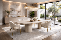Modern dining room with a long table and chairs, featuring a chandelier and large windows.
