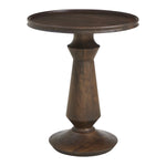 Wooden side table with a round top and cylindrical base on a white background