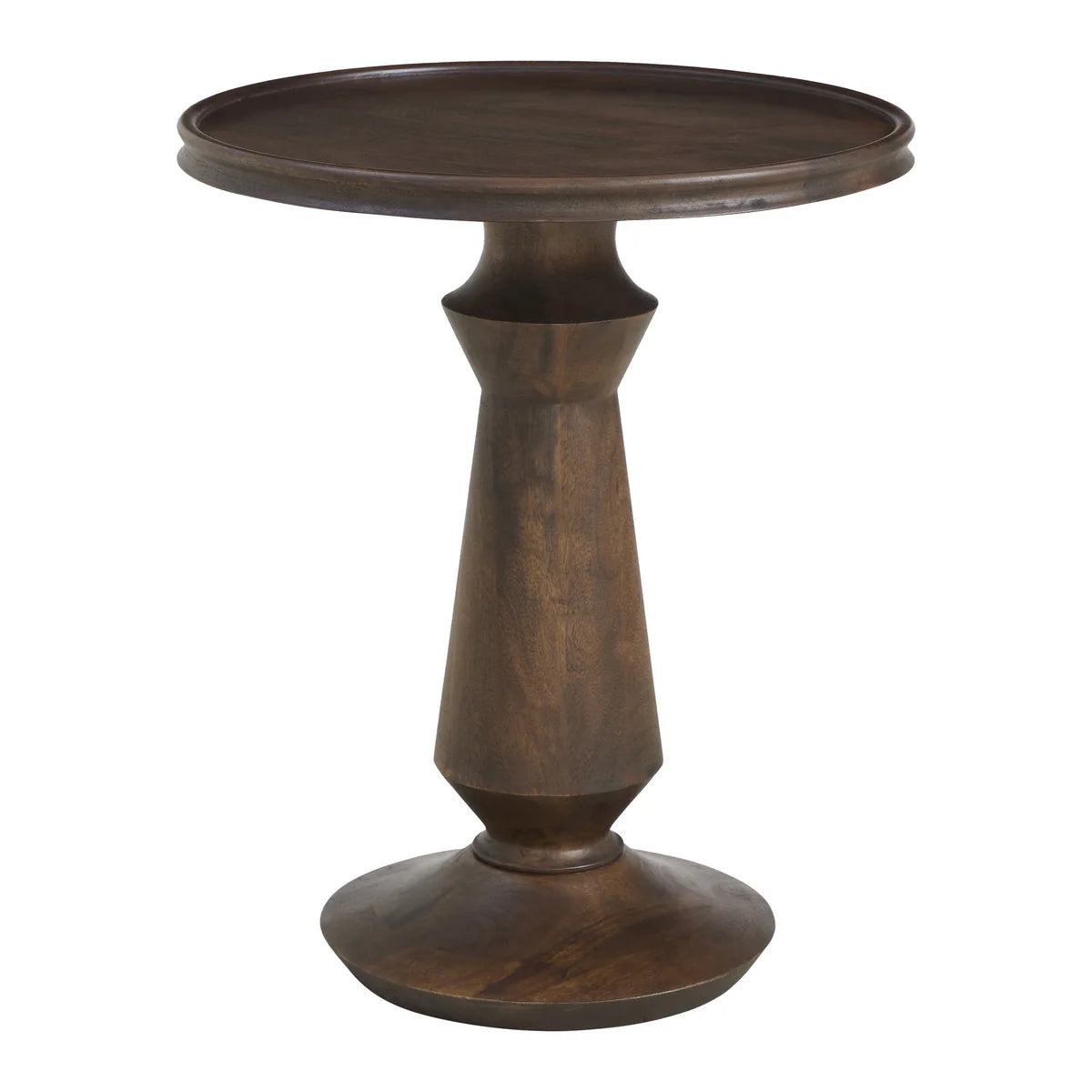 Wooden side table with a round top and cylindrical base on a white background