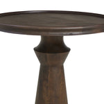 Wooden side table with a round top and cylindrical base on a white background