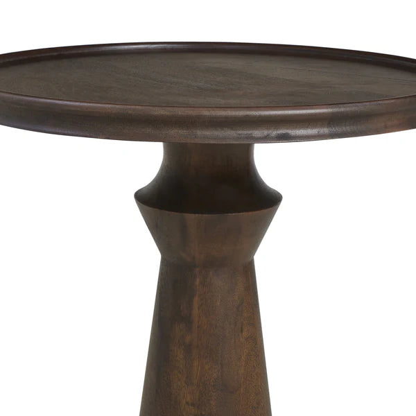 Wooden side table with a round top and cylindrical base on a white background