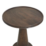 Wooden side table with round top and pedestal base on a white background