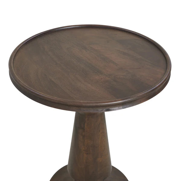 Wooden side table with round top and pedestal base on a white background