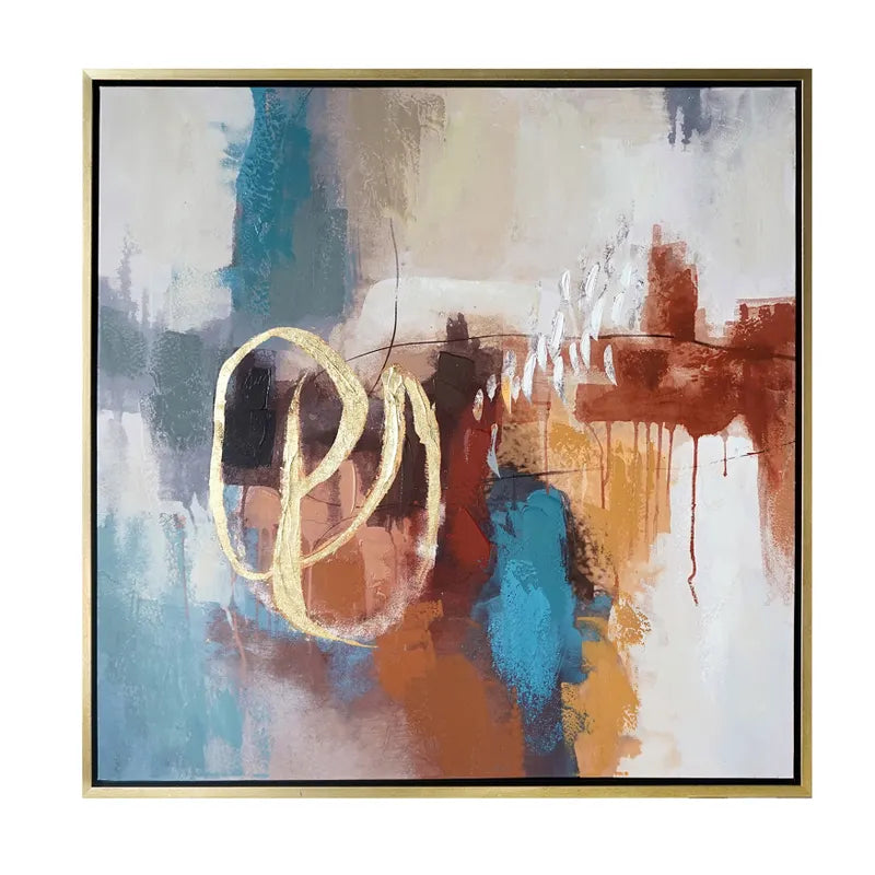 A framed abstract painting with a mix of geometric and organic shapes in blue, brown, gold, and other colors.