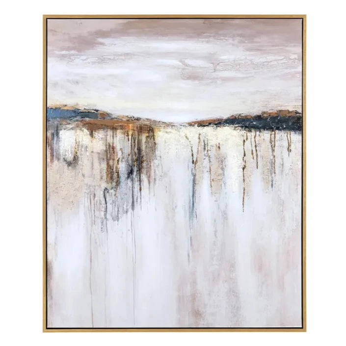 Abstract art painting with a gold frame on a white background