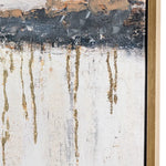 Abstract art with gold and black drips on a textured surface