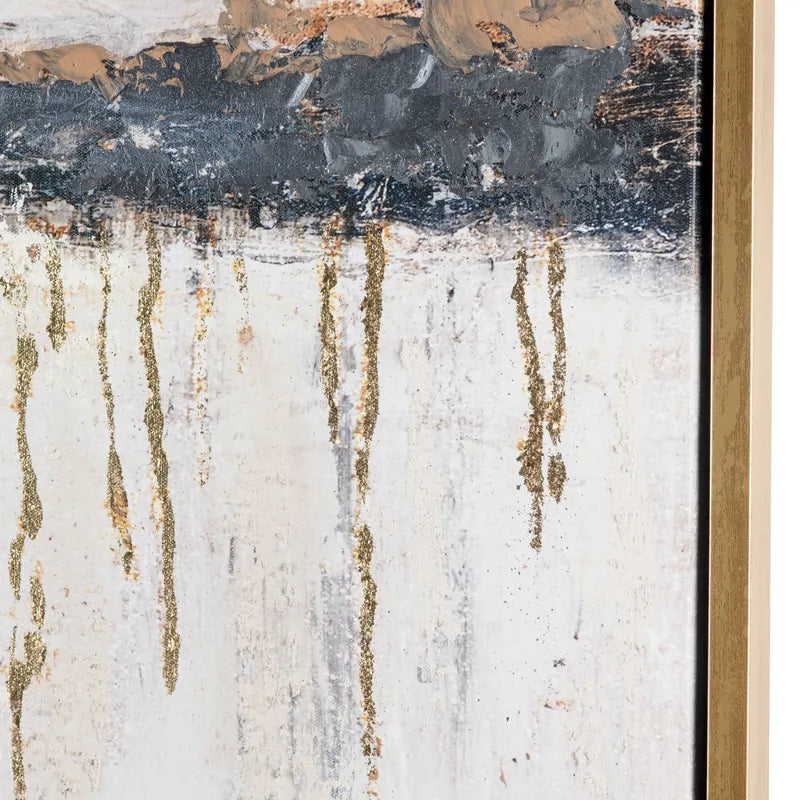 Abstract art with gold and black drips on a textured surface