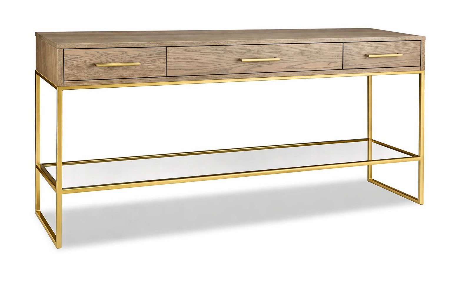Console table with wooden top and gold metal frame on a white background