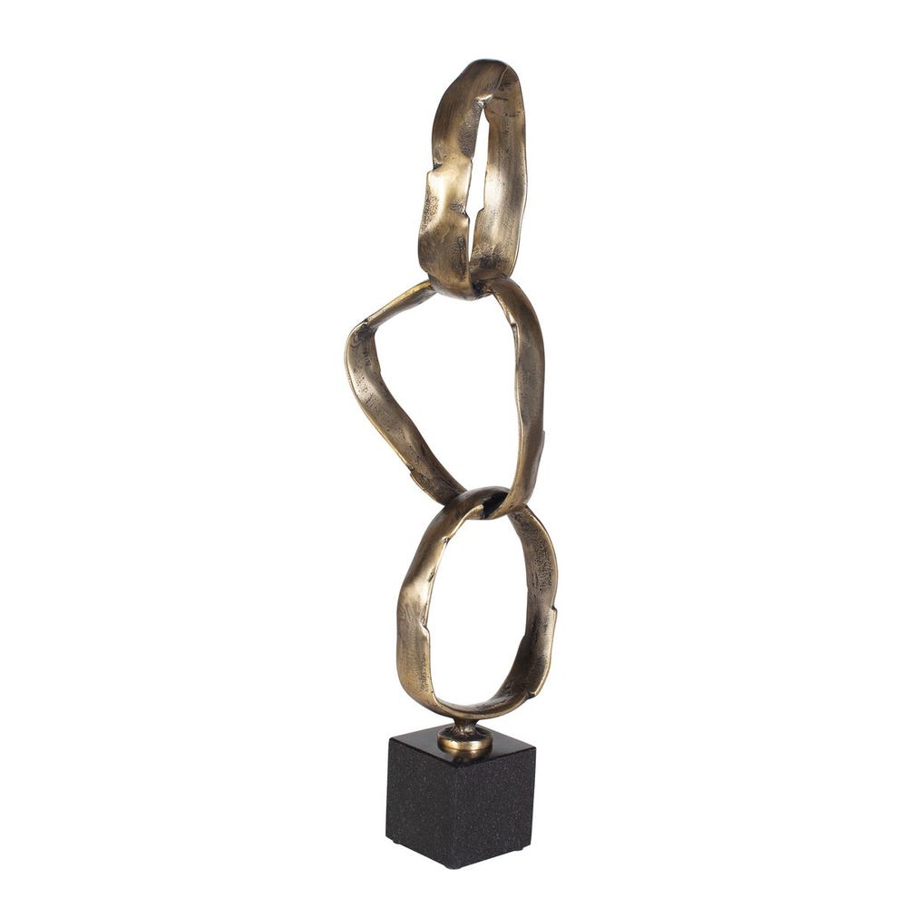 Decorative sculpture with interlocking rings on a black base against a white background