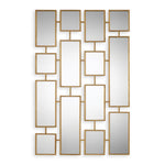 Decorative wall mirror with gold frame and square mirrors on a white background