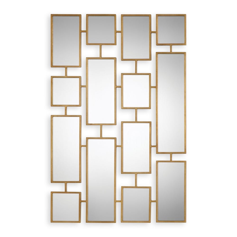 Decorative wall mirror with gold frame and square mirrors on a white background