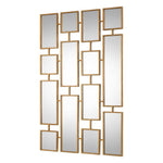 Decorative wall mirror with gold frame and square mirrors on a white background