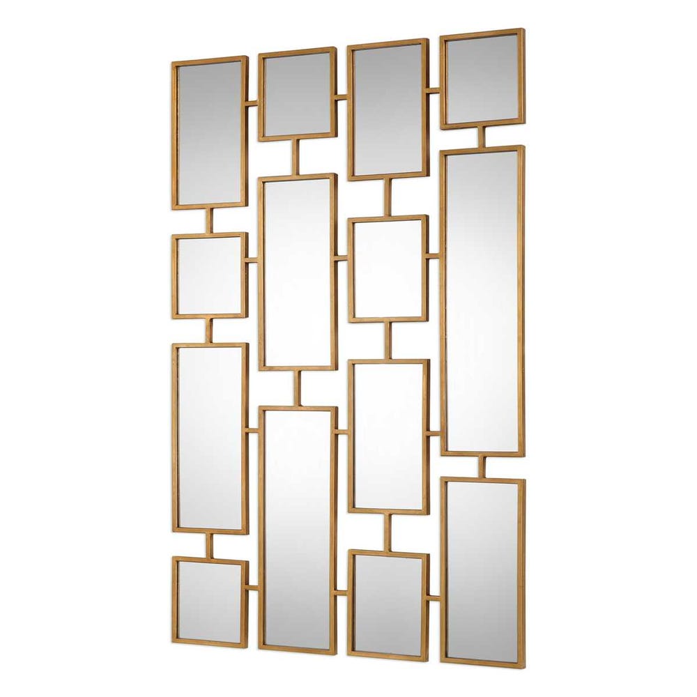 Decorative wall mirror with gold frame and square mirrors on a white background