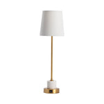 A brass marble table lamp with a white shade, gold metal stem, and a white marble base.
