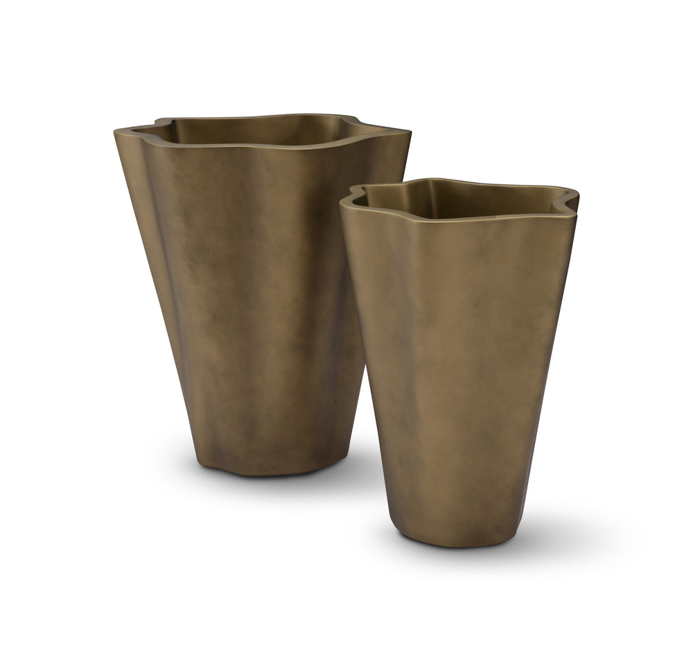 Two bronze-colored planters on a white background