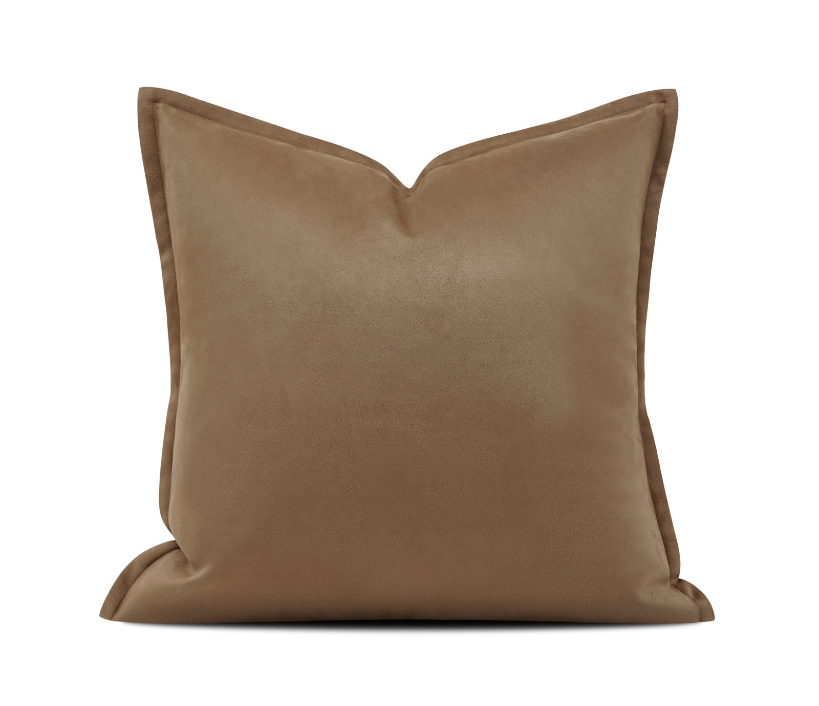 A square brown throw pillow with a V-shaped top opening, shown against a white background