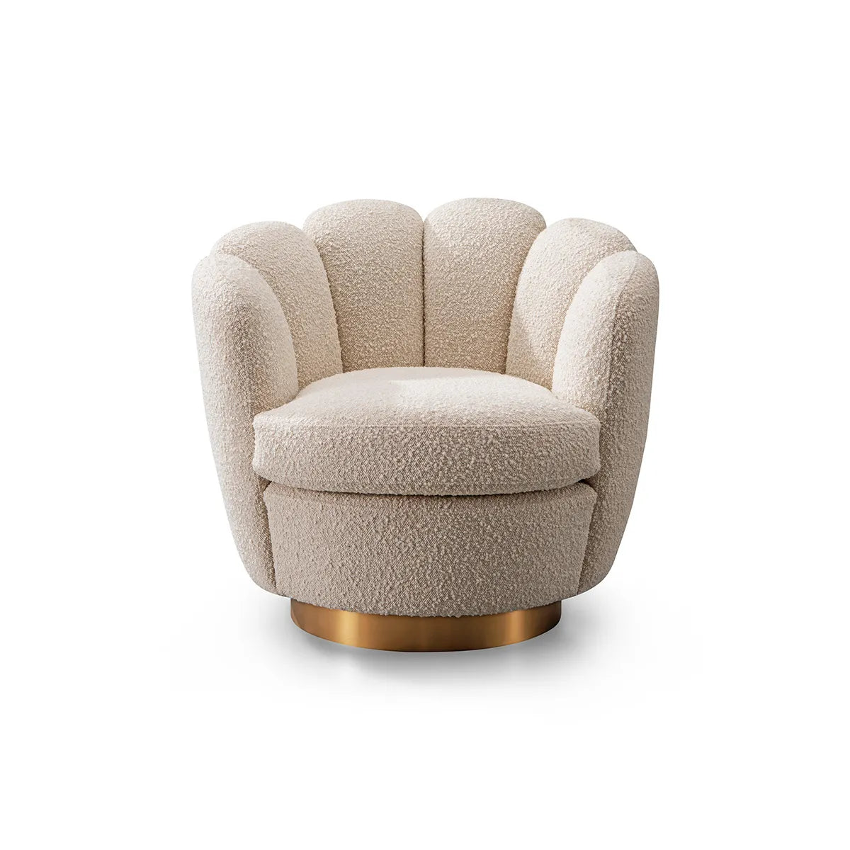 Beige textured armchair with bronze base on a white background