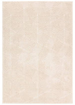 Beige area rug with a geometric pattern on a white background