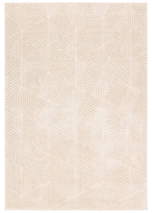 Beige area rug with a geometric pattern on a white background