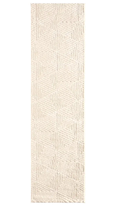 Beige geometric patterned rug on a white background