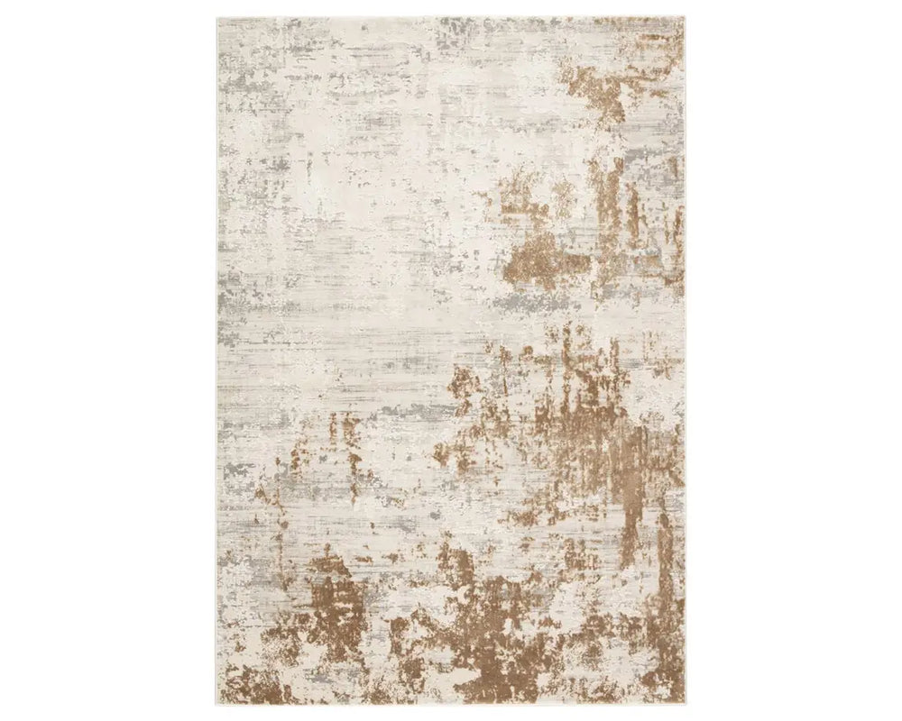 A power loomed area rug with a distressed texture design in beige and brown tones.